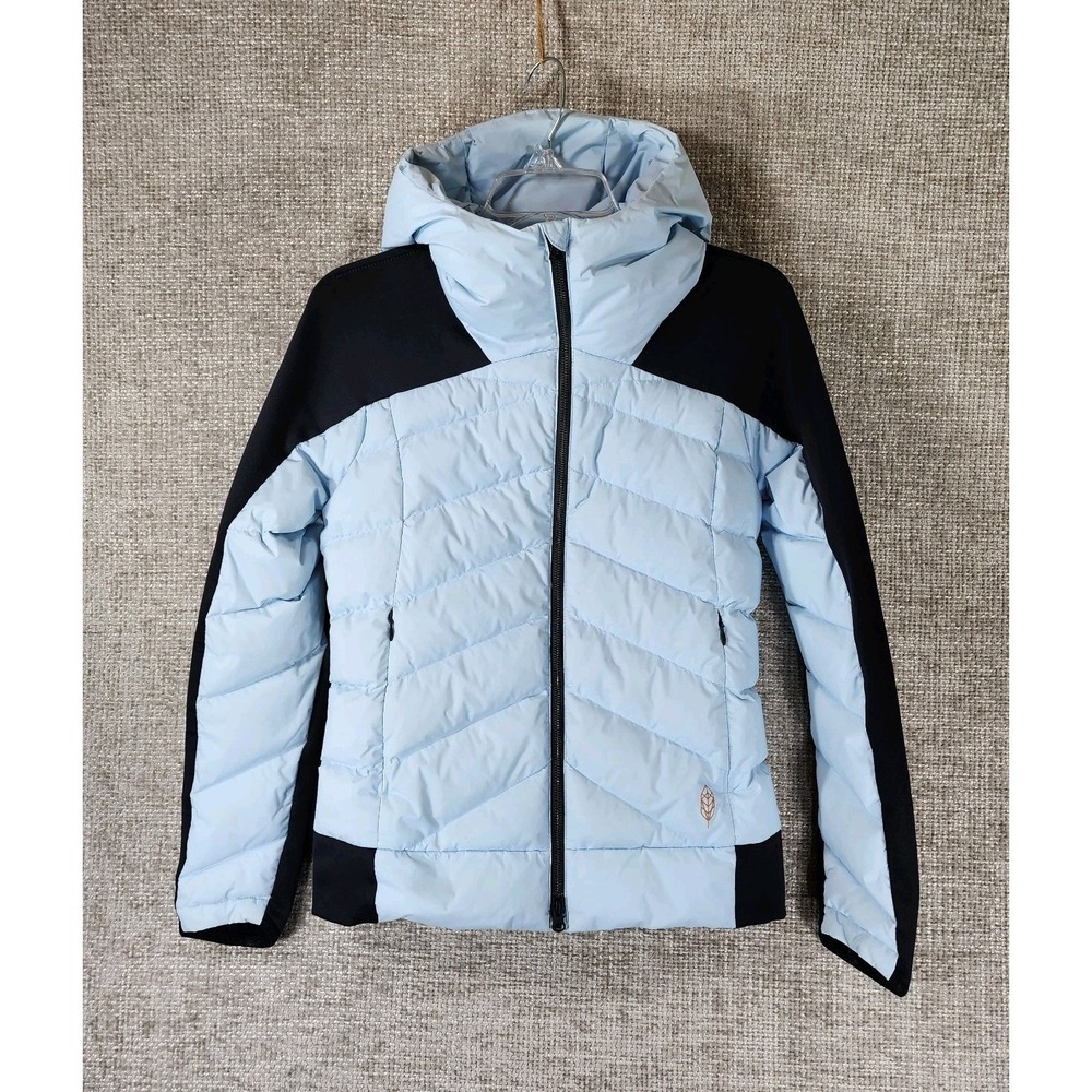 Indygena‎ Down Puffer Jacket Womens XS Light Blue Quilted Hood Full Zip EUC